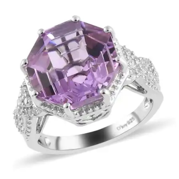 D'Joy Jewelry - Asscher Cut Rose De France Amethyst Ring in Platinum Over Sterling Silver